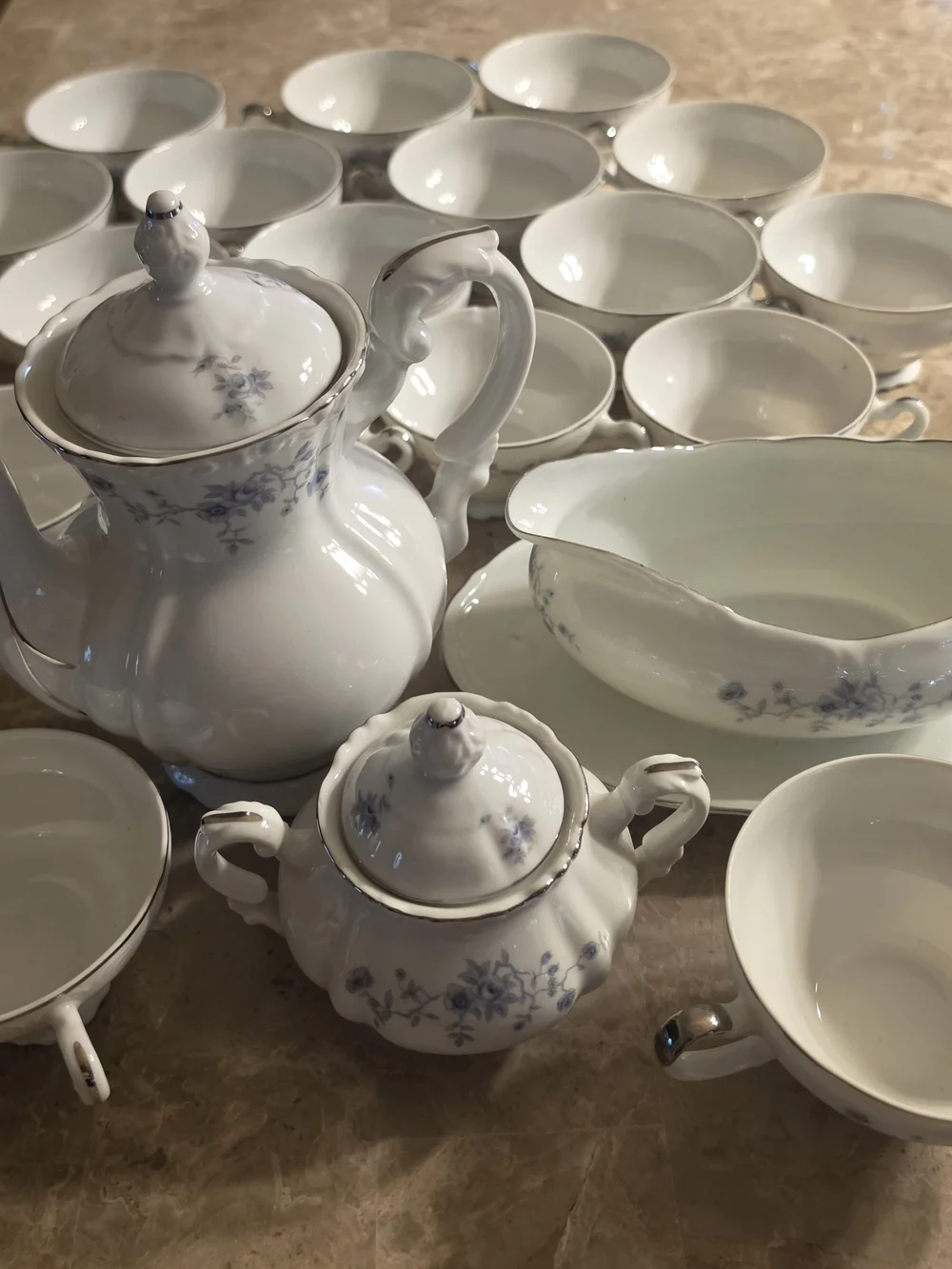 Elegant White Porcelain Tea Set with Blue Floral Accents 20 Pieces